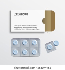 White paper box for tablets and pills in a blister pack. For design and branding