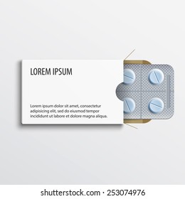 White paper box for tablets and pills in a blister pack. For design and branding