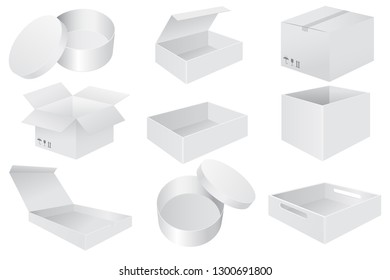 White paper boxes. Set od 3d objects. Vector illustration isolated on white background