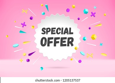 White paper bubble cloud with text Special Offer sale, shopping promo banner, discount design. Vector poster with cloud talk, text message, explosion graphic elements concept memphis geometric style.
