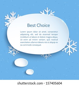 White paper bubble for speech on a blue background with snowflakes . Infographic elements. Abstract design. Vector illustration.