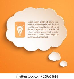 White paper bubble for speech on an orange background. Creative idea. Infographic elements. Abstract design. Vector illustration.