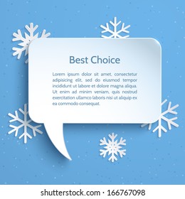 White paper bubble for speech on a blue background with snowflakes . Abstract design. Vector illustration.