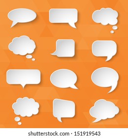 White paper bubbles for speech on an orange background. Universal set 1. Abstract design. Vector illustration.