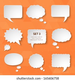 White paper bubbles for speech on an orange background. Universal set 3. Abstract design. Vector illustration.