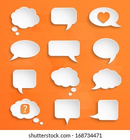 White paper bubbles for speech on an orange background. The second version of set 1. Right light. Abstract design. Vector illustration.