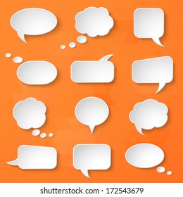 White paper bubbles for speech on an orange background. Universal set 4. Abstract design. Vector illustration.