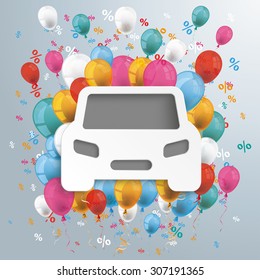 White paper car with colored balloons and percents on the white. Eps 10 vector file.