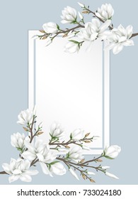 White paper card with border decorated with branches of white magnolia blossom flowers on warm blue background. Vector illustration.