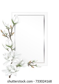 White paper card with frame decorated with branches of white magnolia blossom flowers isolated on white background. Vector illustration.