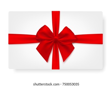 White paper card with gift red satin bow. - stock vector.