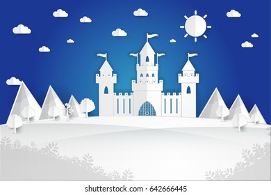 White paper castle Mountain landscape on pop up paper cut style, Vector illustration