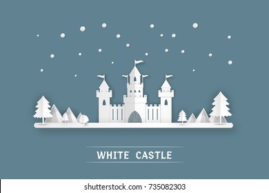 White paper castle Mountain nature winter landscape on pop up paper cut style, on blue background Vector illustration