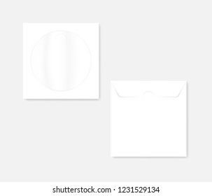 White Paper CD Sleeve Envelope With Clear Window And Flap, Realistic Mockup. Blank Empty Disc Cover. Front And Back. Vector Mock-up.