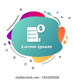 White Paper check and financial check icon isolated on white background. Paper print check, shop receipt or bill. Abstract banner with liquid shapes. Vector Illustration