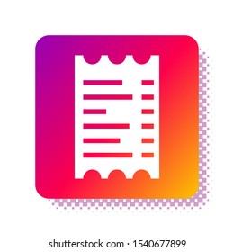 White Paper check and financial check icon isolated on white background. Paper print check, shop receipt or bill. Square color button. Vector Illustration