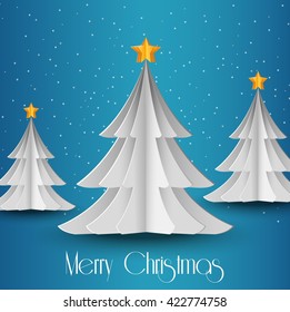 White paper Christmas tree on blue glittering background.vector