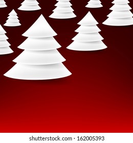 White paper christmas trees over red background. Vector illustration. 