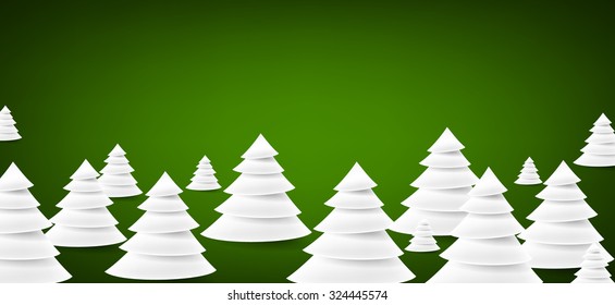 White paper christmas trees over green banner with place for text. Vector illustration. 