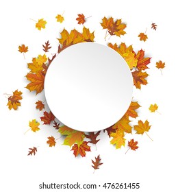 White paper circle with autumn foliage on the white background. Eps 10 vector file.