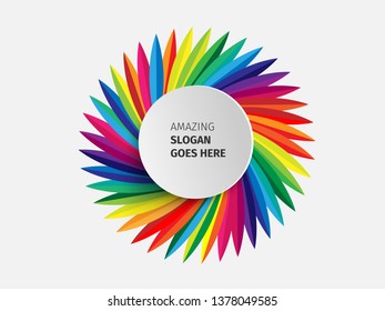 White paper circle banner with drop shadows on geometric vector flower made from colorful geometric on white background.