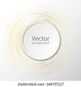 White paper circle banner with drop shadow on white background template. Sparkling golden rings. Vector illustration