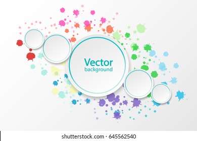 White paper circle banner with drop shadows on white background template. Colorful bright ink splashes. Vector illustration