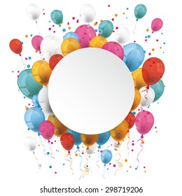 White paper circle with colored balloons on the white. Eps 10 vector file.