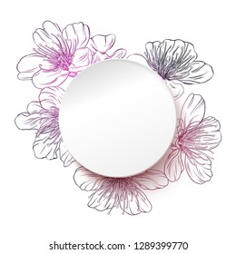 White paper circle with a flower background. Spring vector illustration with copy space in modern paper style