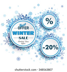 White paper circles with blue snowflakes for winter sale on the white background. Eps 10 vector file.
