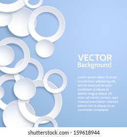 White paper circles and rings on a blue background. Vector elements for design background.  