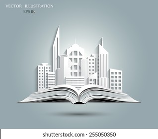 White Paper The City On The Open Book. Vector Illustration. The Concept On The Subject Of Nedvijimosti