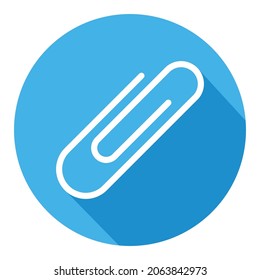 White paper clip in blue circle isolated on white background. School element vector .