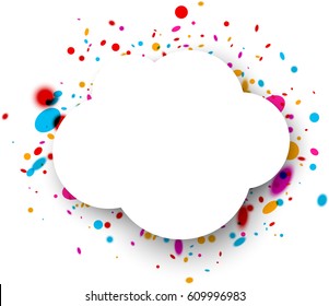 Fondo en la nube de papel blanco con caídas de color. Ilustración vectorial.