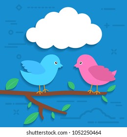 white paper cloud bubble with two flat colorful birds sitting on a tree branch 