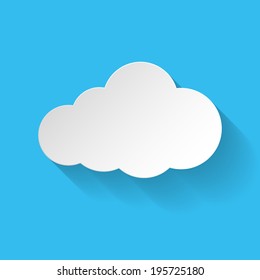 White Paper Cloud In Flat Style With Long Shadow. Illustration On Blue Background