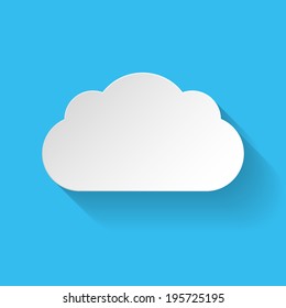 White paper cloud in flat style with long shadow on blue background