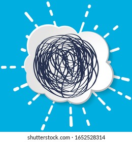 white paper cloud with linear rays of firework and tangled line on blue background. Cloud speech frame icon. Think problem balloon silhouette design.