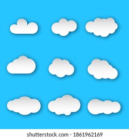 White paper cloud message sign set. Cloud symbol or logo, different 3d clouds set