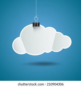 White paper cloud shape origami with binder clip design, on blue background, vector illustration