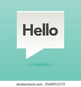 White paper cloud talk with text Hello for communication, greetings, fun. Poster with bubble, text message graphic elements and shadow on color background. Vector Illustration