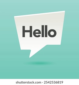 White paper cloud talk with text Hello for communication, greetings, fun. Poster with bubble, text message graphic elements and shadow on color background. Vector Illustration