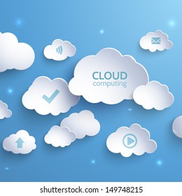 White paper clouds on a blue background. Cloud Computing. Social networks. Vector illustration.