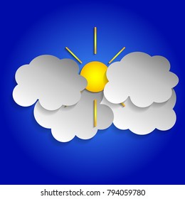 White paper clouds and sun on a blue background