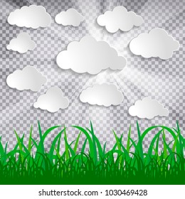 white paper clouds with sun rays and grass silhouettes on chequered background 