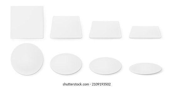 White paper coasters for beer mug. Vector realistic mockup of blank square and circle beermat in top view. Bierdeckel for cup or cardboard mat different shapes and angles isolated on white background.