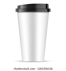 White paper coffee Cup with black lid isolated on white background. 3d realistic Coffee Cup Mockup. EPS10 Vector Template design illustration.