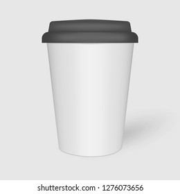 White Paper Coffee Cup With Black Plastic Lid, Mock-up. Travel Mug For Hot And Cold Drinks, Mockup. Vector Template.