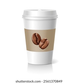 White paper coffee cup template isolated on white background. Cardboard and plastic package with lids and coffee beans illustration. Cappuccino mug Vector illustration.