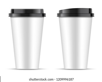 White paper coffee Cups set with different shape black lids isolated on white background. EPS10 Vector Template design illustration. 3d realistic Coffee Cup Mockup. 